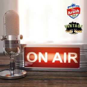 microphone and headphones in radio studio on air with KRUSH Radio Logo and Vintage Tree Care Logo overlay