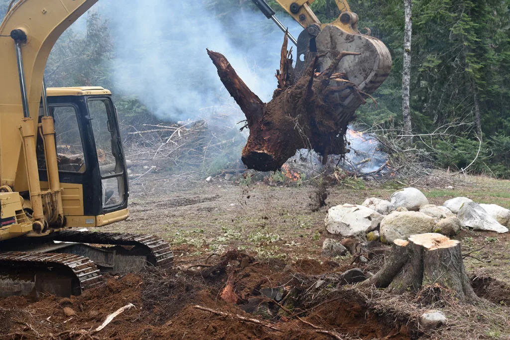 An excavator machine removes a tree stump from the soil.