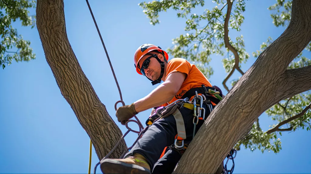 A professional certified arborist adds tree cabling and bracing to a tree to protect it from storm damage.