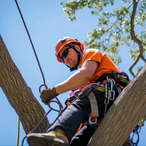 A professional certified arborist adds tree cabling and bracing to a tree to protect it from storm damage.